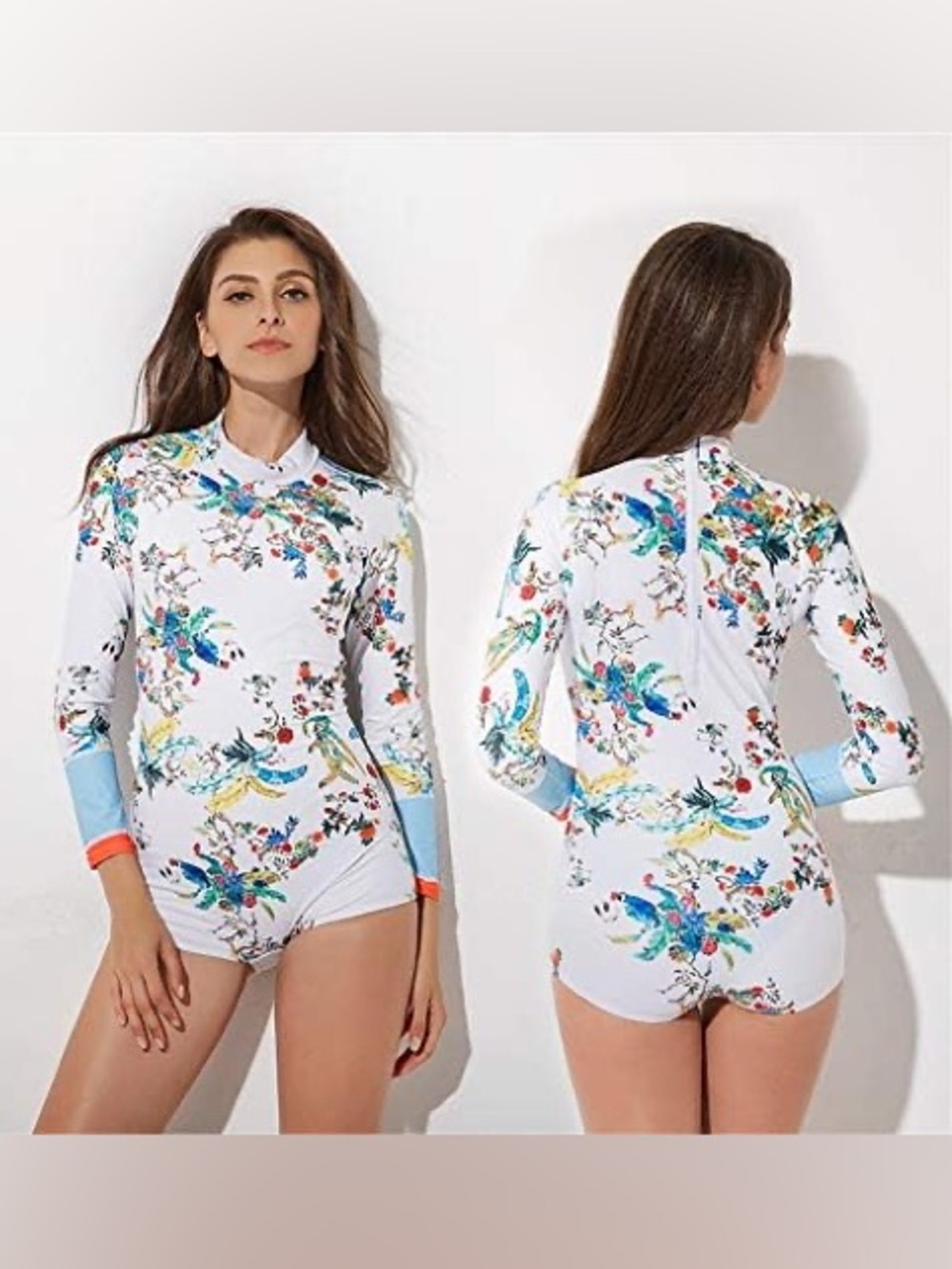 White Floral Long-Sleeve One-Piece Swimsuit
